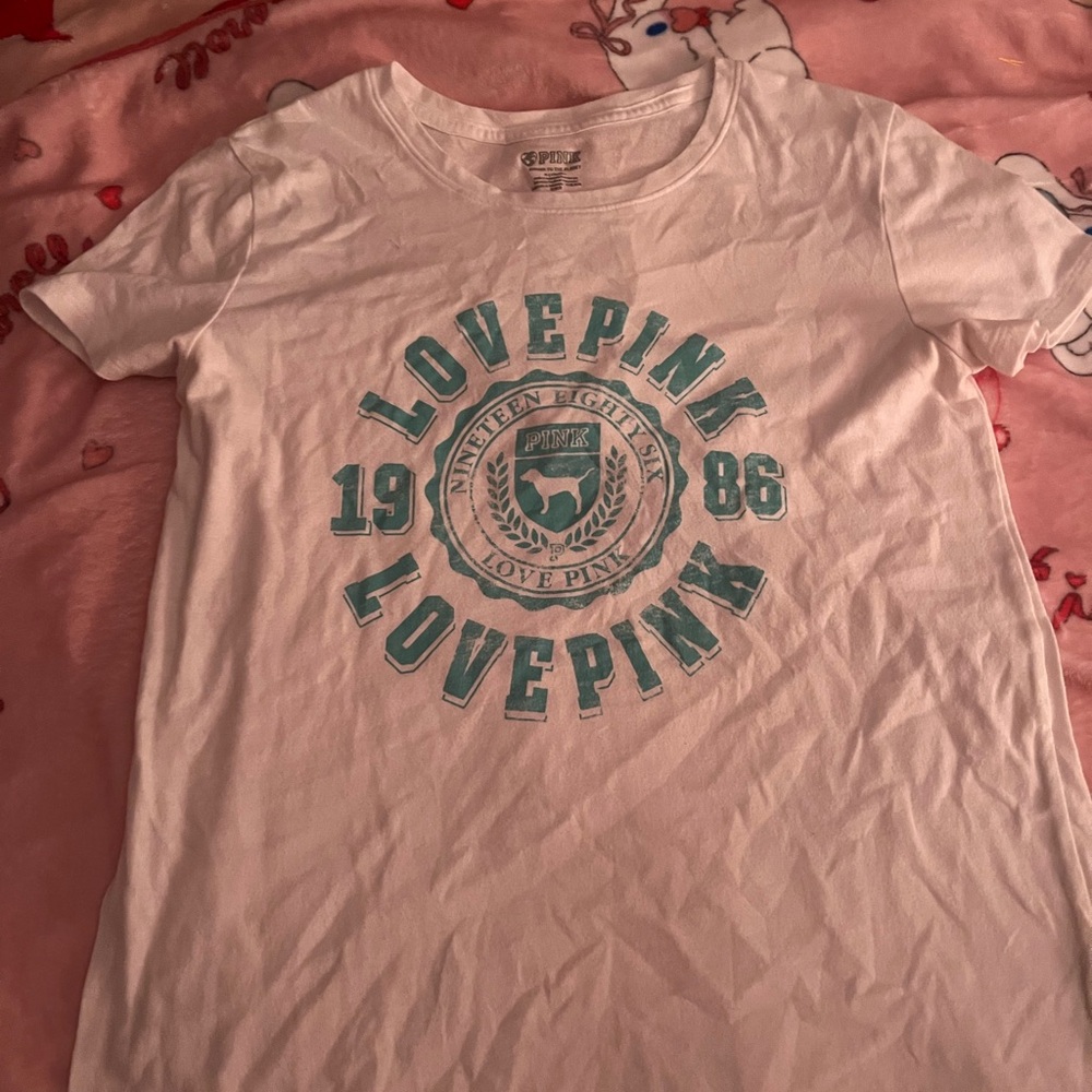 PINK Victoria's Secret White Tee with Blue Graphic